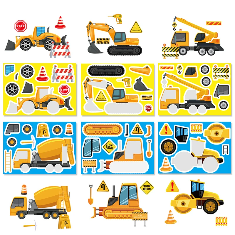 Kids DIY Engineering Vehicle Stickers Sheets Puzzle Toys Create Your Own Concrete Truck Crane Excavator Craft Jigsaw Stickers