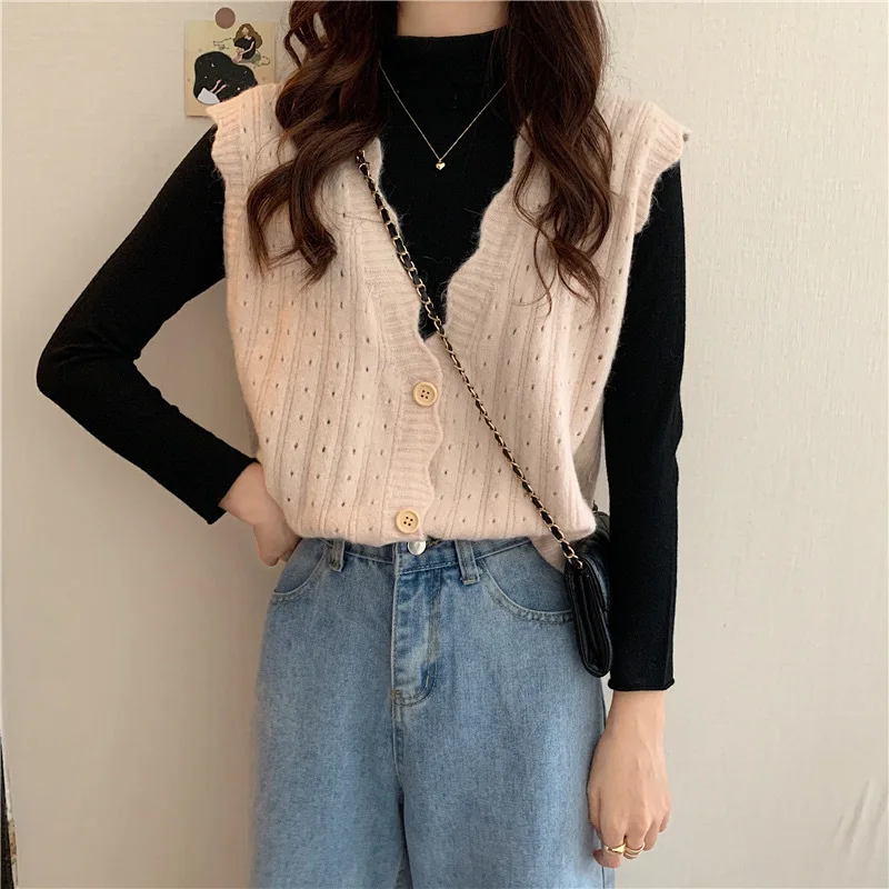 Spring Autumn V-neck Knitted Vest Outerwear Hollow out Cardigan Women's Top Sweater Vest Shoulder Pad  Color Casual Style