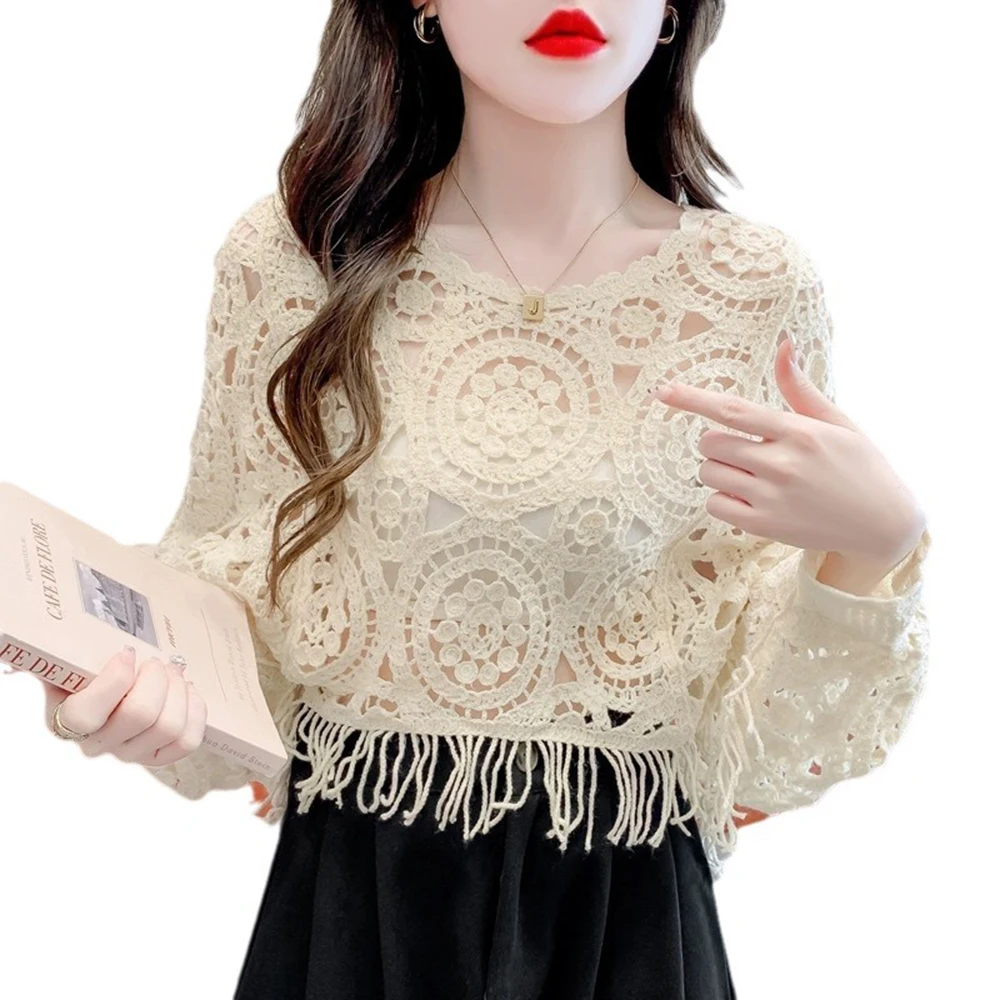 Women Solid Color Knitted Smock Bat Sleeve Long Sleeved Hollow Out Short Pullover Versatile Tassels Ethnic Style Sweater