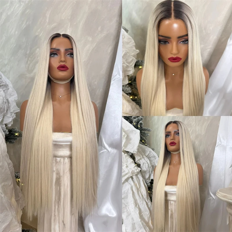 

32-дюймовый супердлинный прямой парик 13x4 с эффектом омбре, светло-русый, синтетический, с HD-кружевной передней частью, с реалистичными корнями, парик Hailine для повседневного использования