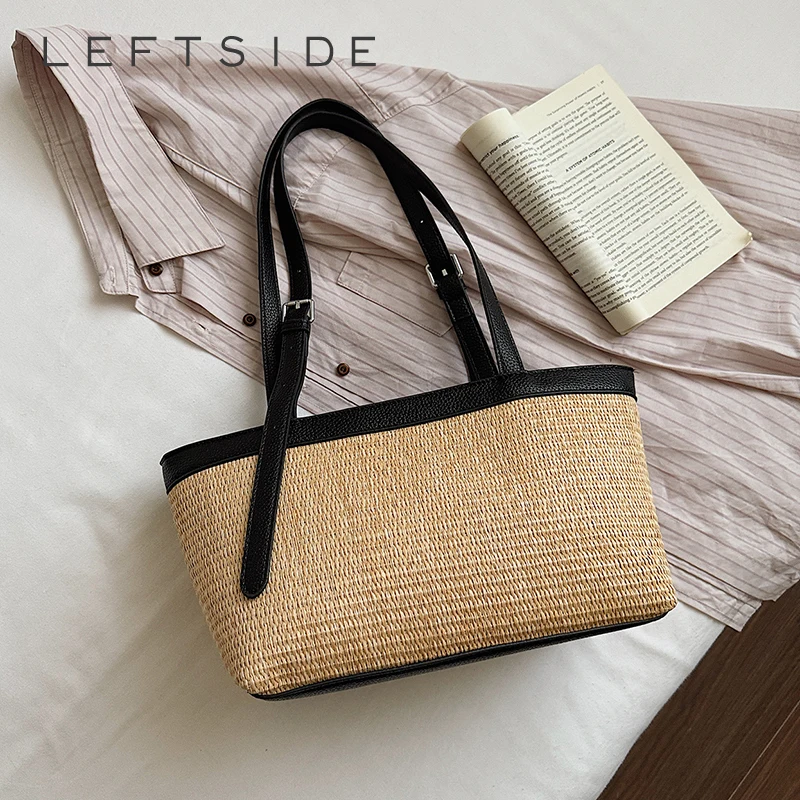 

Women's Khaki Straw Weave Leather Patchwork Tote Bag Vacation Casual Aesthetic Beach Daily Shoulder Handbag 2026 Summer Trend