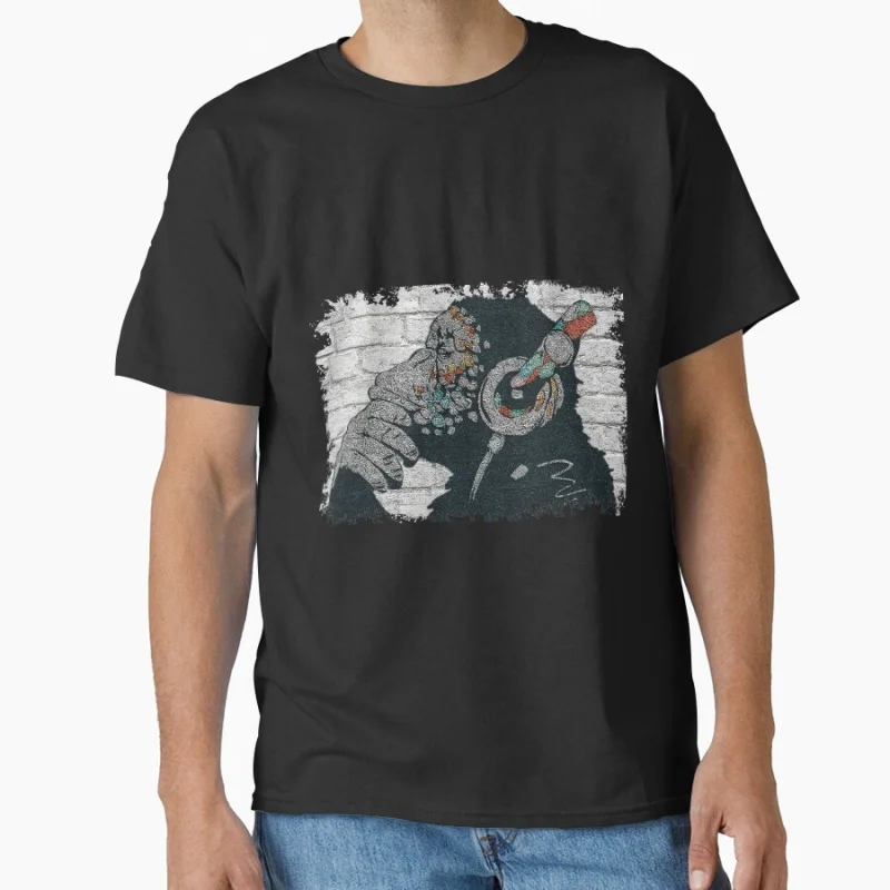 

Banksy - Thinker with Headphones Street art Gift T shirt for man Large size Tops chimp Graphic Printed Clothes
