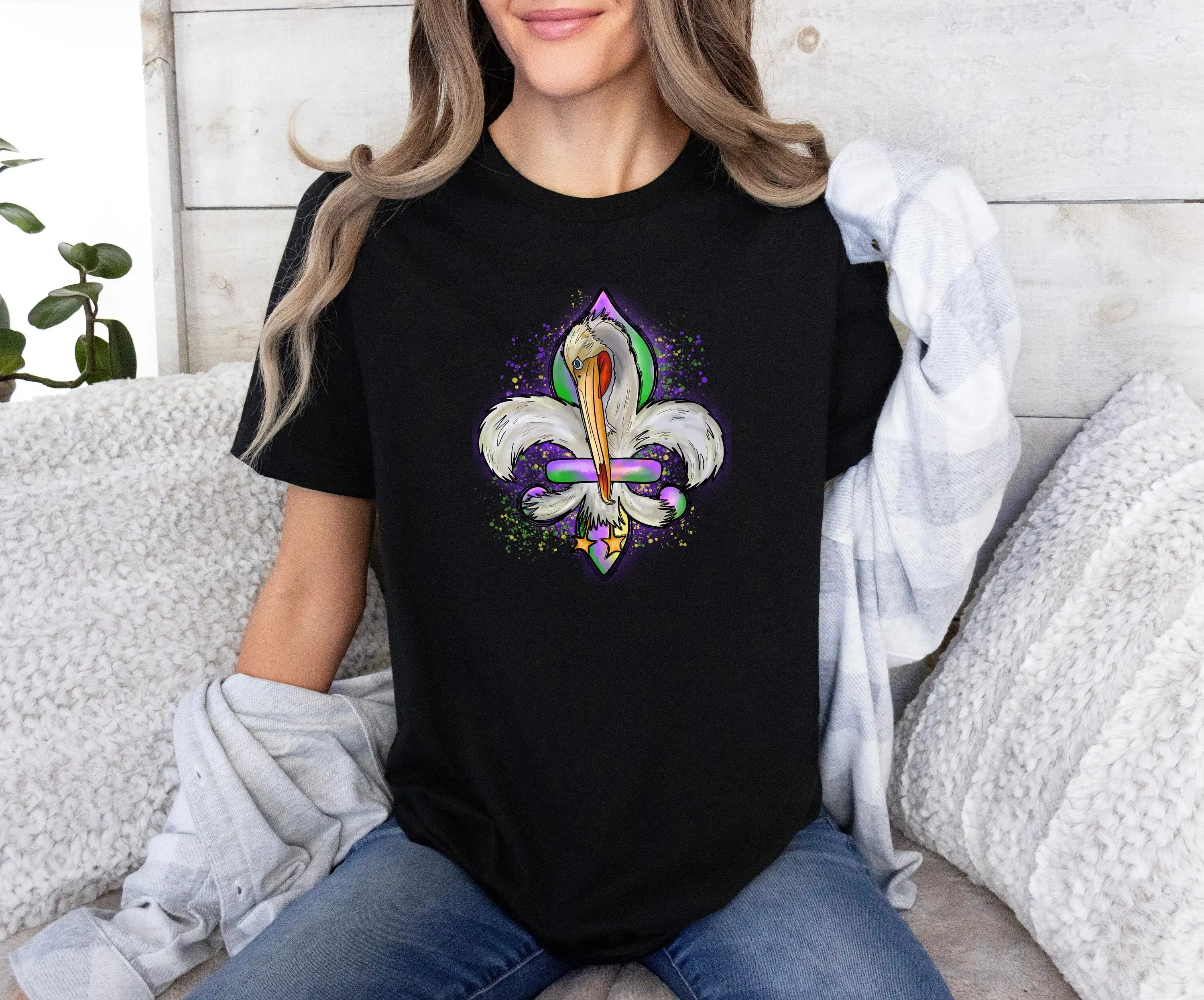 Mardi Gras Pelican SweaT T Shirt Watercolor NOLA Womens Beads