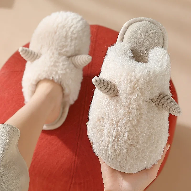 

Winter Indoor Women Cotton Shoes Cute Cartoon Goat Men Women Couples Furry Slides Plus Wool Warm Soft Sole Female Slippers