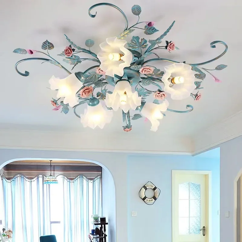 Romantic Rose Flower Ceiling Lamp Pastoral Style Glass Flower Ceiling Chandelier For Bedroom Living Room Art Attic LED Lighting