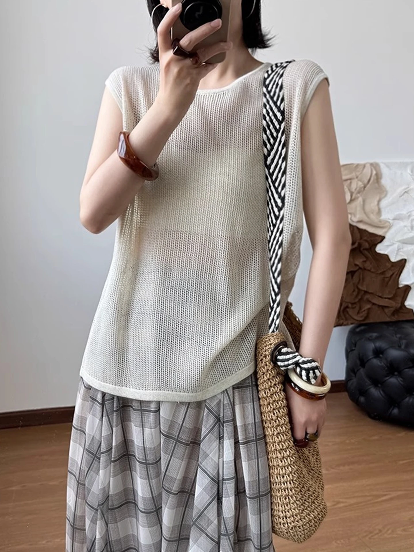 

Летний топ Laid-ba Sle с вырезами, однотонный, женский, свободный, дышащий, класса люкс, для повседневной носки, в корейском стиле