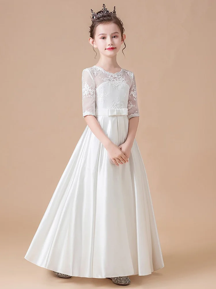 A-line Scoop Asymmetrical Satin Junior Bridesmaid Mid sleeve　With Cascading Ruffles Flower Girl Dress Party First Communion Gown