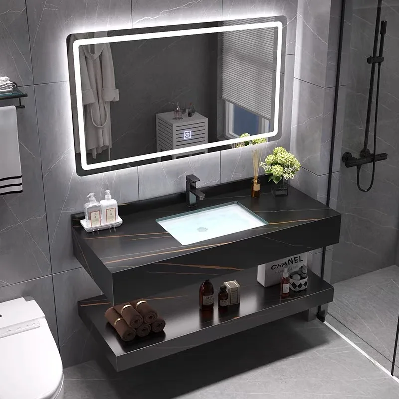 

Double-layer rock slab integrated bathroom washbasin toilet washbasin light luxury bathroom cabinet combination