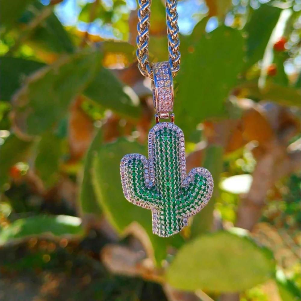 New Plant Shape Green Saguaro Cactus Iced Out Pendants Trendy Copper Crystal Necklace Chain Men Jewelry Hip Hop Jewelry