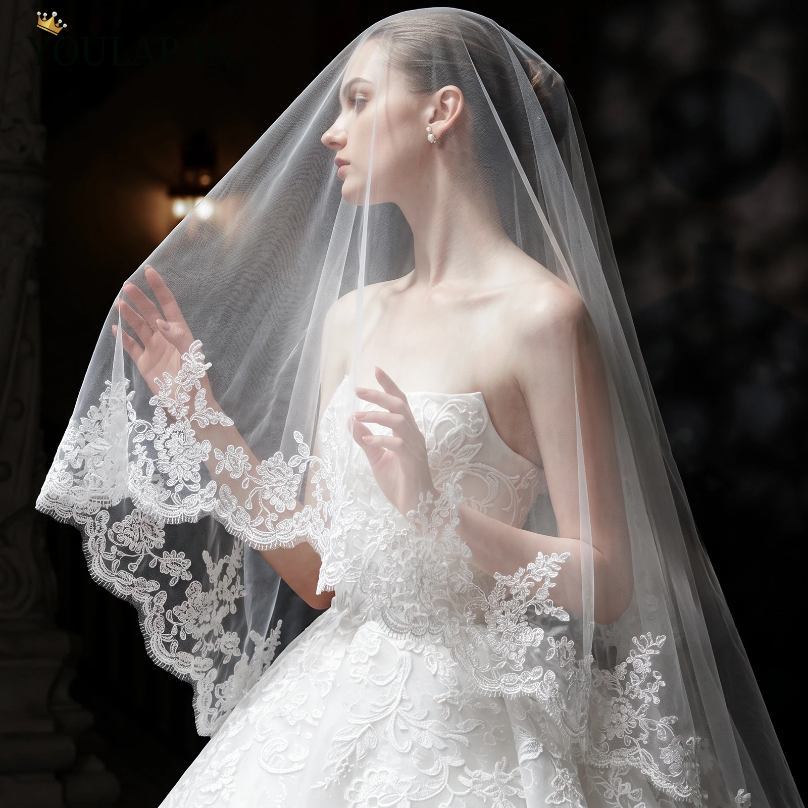 YouLaPan Lace Floral Wedding Veil Two Tier Cathedral Bridal Veil With 3D Flower Velo De Novia Con Encaje Flores V77