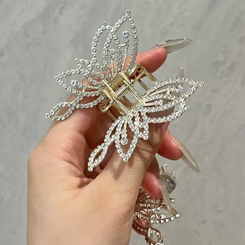 1/2Pcs Butterfly Crystal Hair Clip Women Shiny Rhinestone Vintage Pearl Shark Hairpins Metal Openwork Ponytail Holder Hair Claw