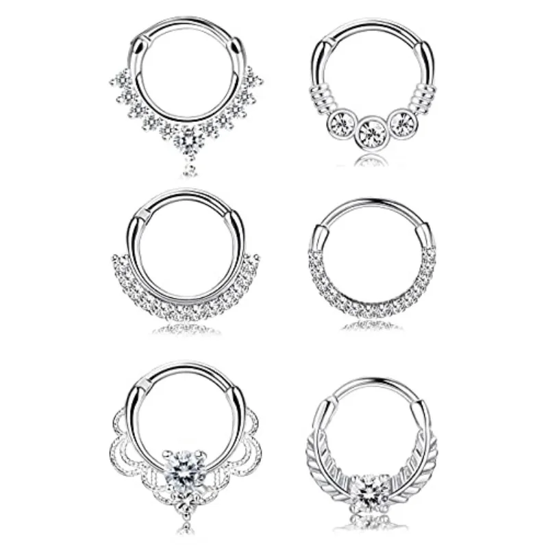 6Pcs 16G Septum Nose Rings, Septum Clicker 316L Stainless Steel Nose Rings Cartilage Tragus Helix Daith Earring Piercing Jewelry