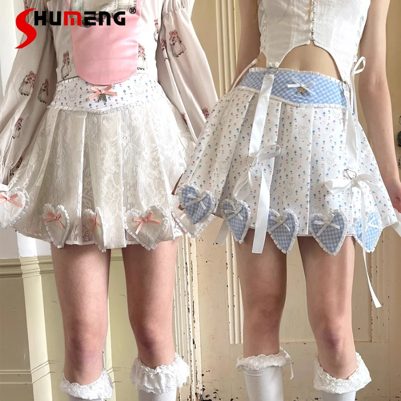 

Japanese Cute Girls Sweet Bear Print High Waist Slim Mini Skirts Spring and Autumn New 2025 Women's Lolita Mini Pleated Skirts