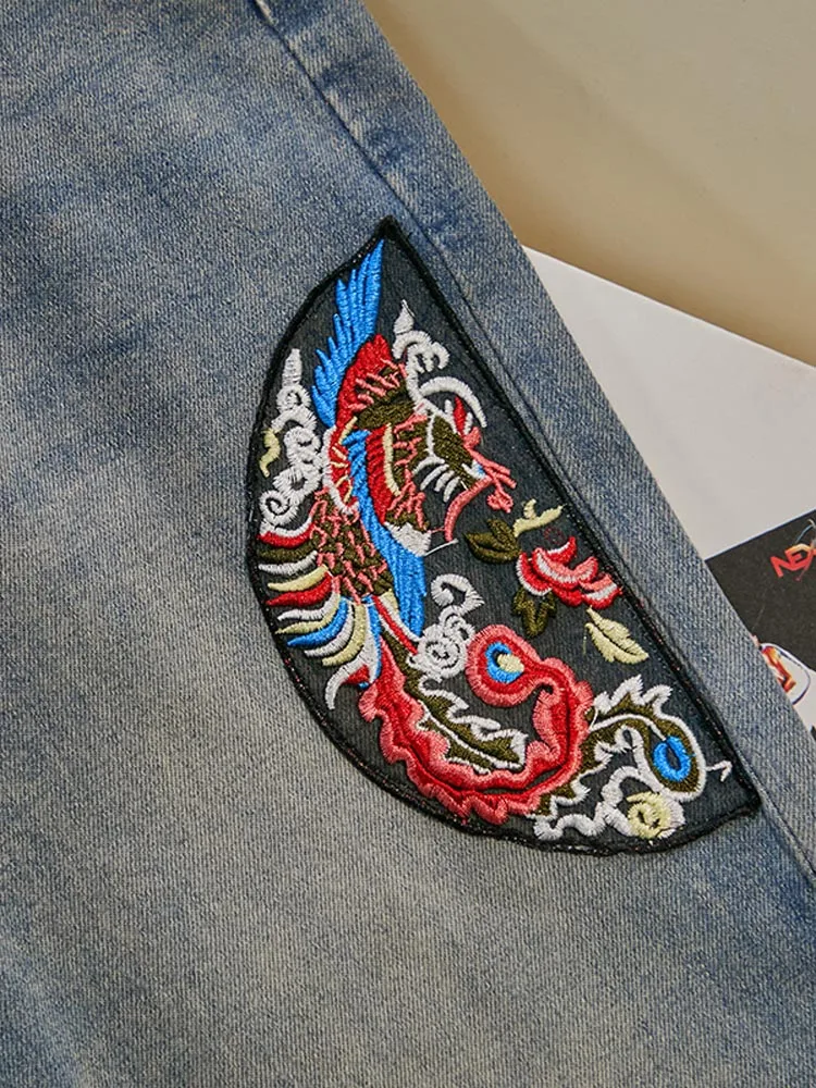 กางเกงยีนส์ทรงตรงเอวสูงสไตล์จีนใหม่สำหรับผู้หญิง ปี 2024 กางเกงขายาวทรงกว้างแฟชั่นฤดูใบไม้ผลิและฤดูร้อน ปักลายอเนกประสงค์