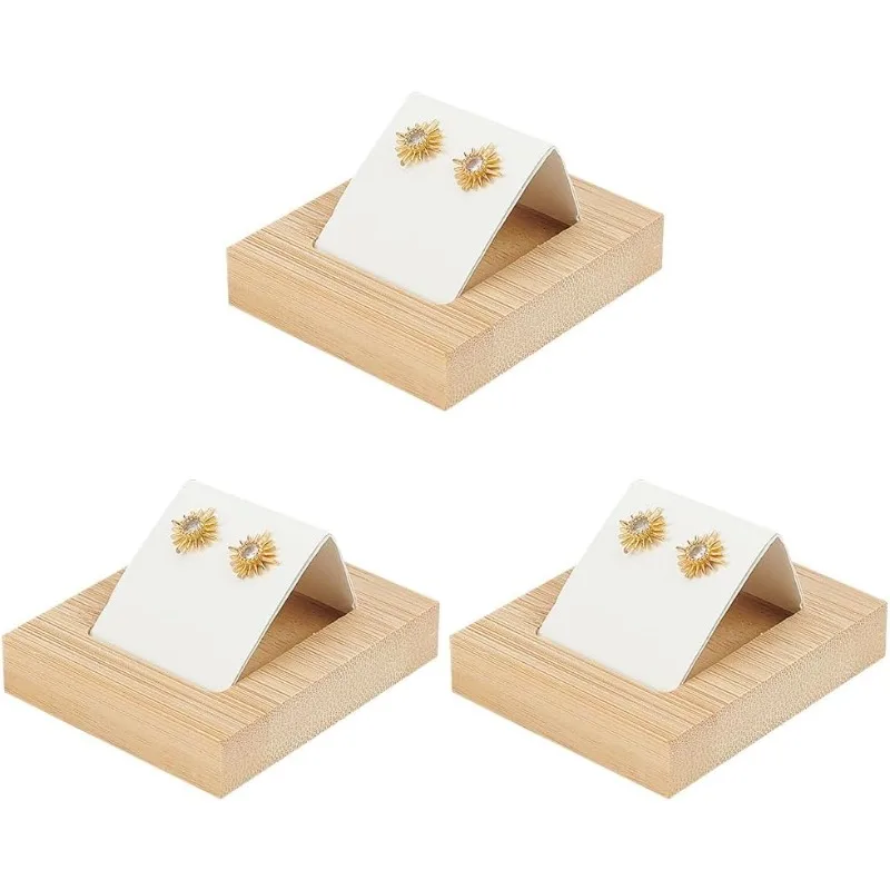 

3Pcs Wood Earrings Display Stand Jewelry Base with White PU Leather Display Holder Wooden Ear Stud Showcase Organizer Earring