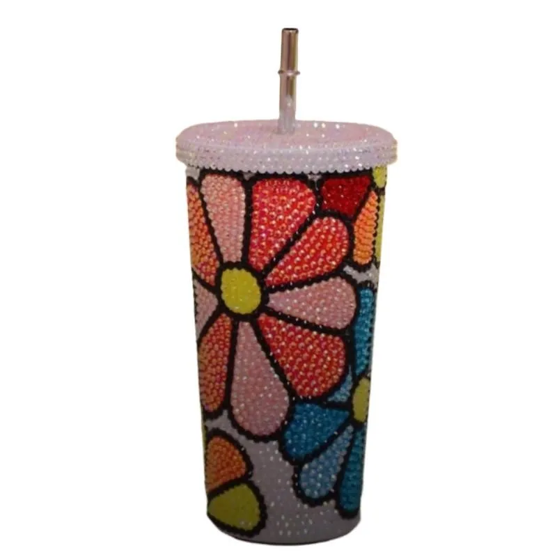 

Rhinestone Sunflower Tumbler Hand-applied Crystal Straw Cup Stainless Steel Water Bottle Thermal Insulated Flask Luxury DIY Gift