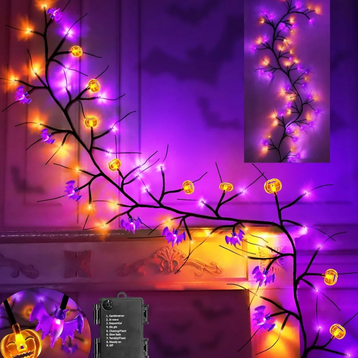 1 pz 1.8M luci di Halloween Black Willow Vine Twig zucca e pipistrello rami decorativi lampada impermeabile a batteria per la casa