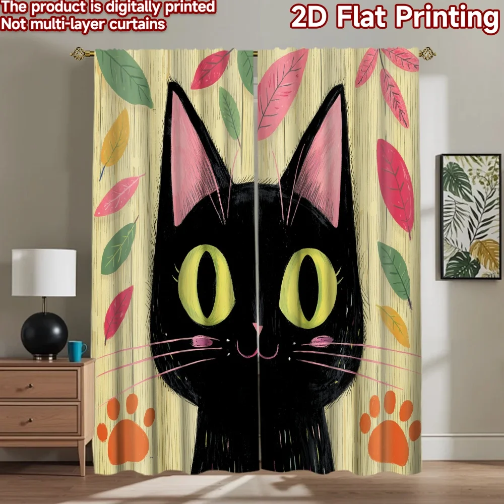 

2D flat printing 2pcs Window Drapes Black Cat Cute Leaves Digital Printed Polyester Drapes Seasonal Party & Holiday Decor for