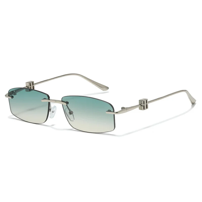 Y2K Rimless Rectangle Sunglasses, Thin Metal Temples with Metal Decor, UV400 Protection, Fashion Mini Narrow Lens Eyewear