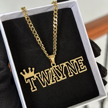 Aço inoxidável nome personalizado colar, grosso antigo Ba cadeia, nome pingente, oco para fora, coroa inicial, novo