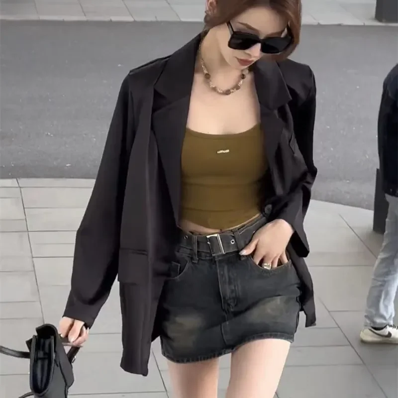 Women's Black Oversized Blazer Long Sleeve Lightweight Acetate Casual Suit Jacket In Black