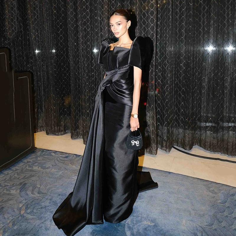

Thinyfull Balck Mermaid Prom Evening Dresses Short Sleeves Floor Length Satin Party Dress Women Cocktail Prom Gowns Customized