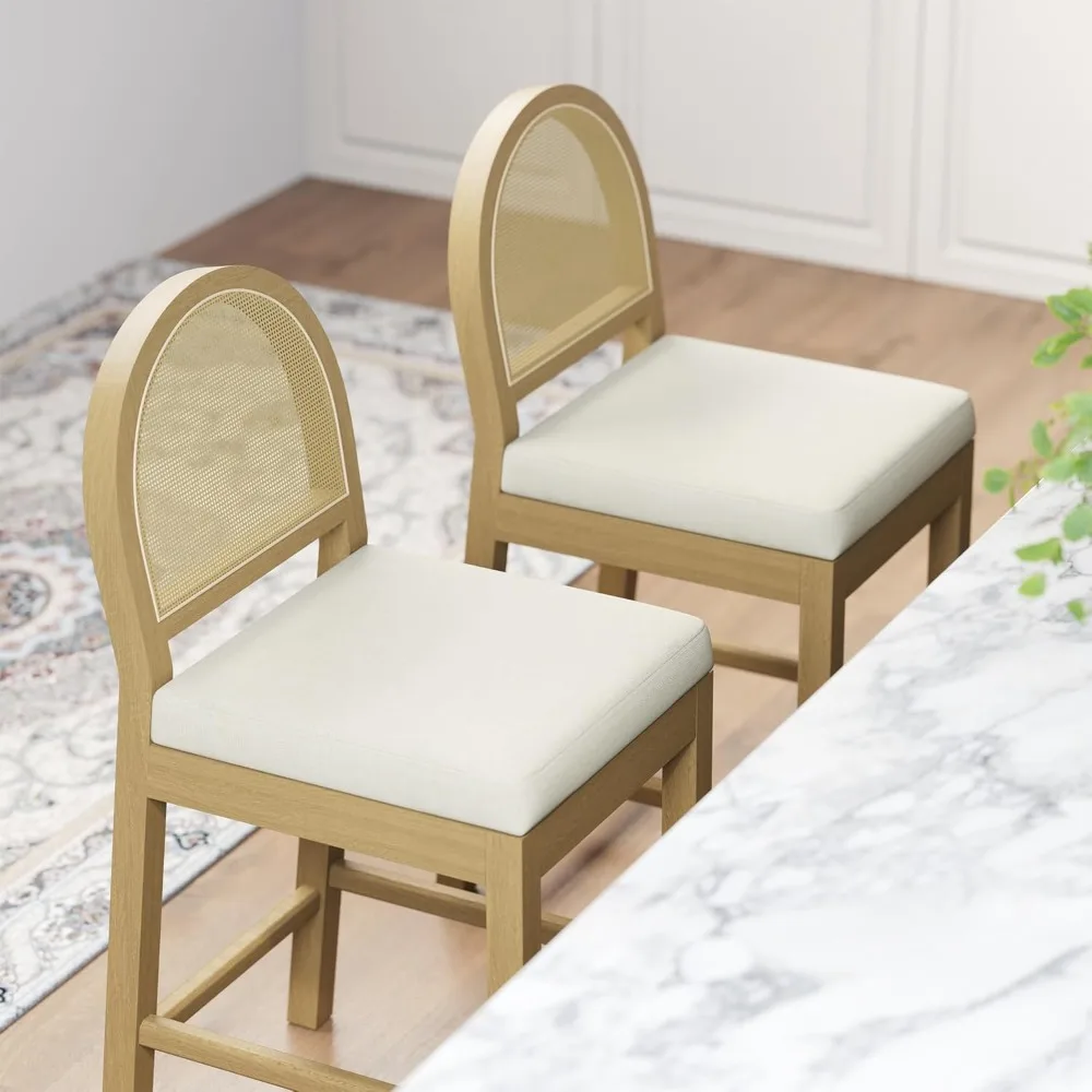 مجموعة مقاعد بار الروطان المنجدة مكونة من 2، مقاعد خشبية بارتفاع منضدة مع ظهر منسوج من الروطان الطبيعي ومقعد شانيل، منتصف المئزر #3