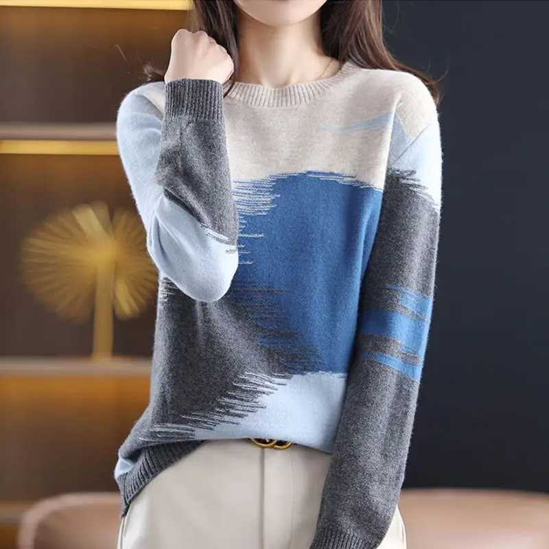 Fashion All-match Contrast Color Round Neck Sweaters Elegant Vintage Long Sleeve Knitted Tops Autumn Winter Women\'s Clothing