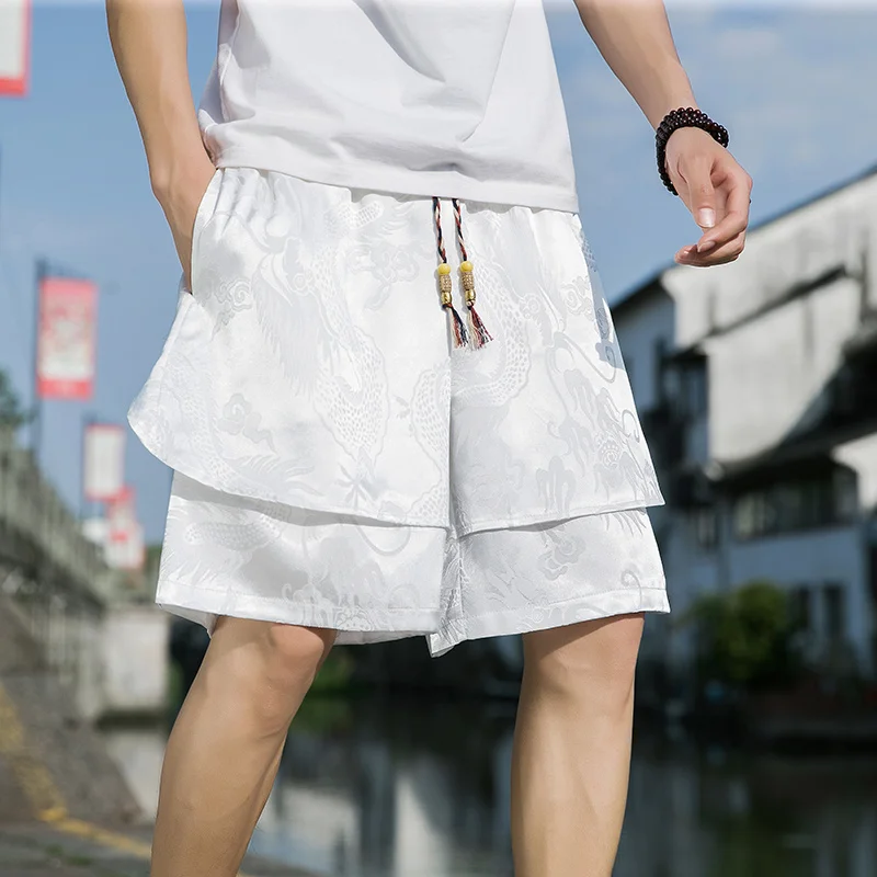 Chinese Style Thin Fake Two Pieces Ice Silk Beach Shorts Summer Ethnic Loose Plus Size Dragon Pattern Sweatpants Men Clothing