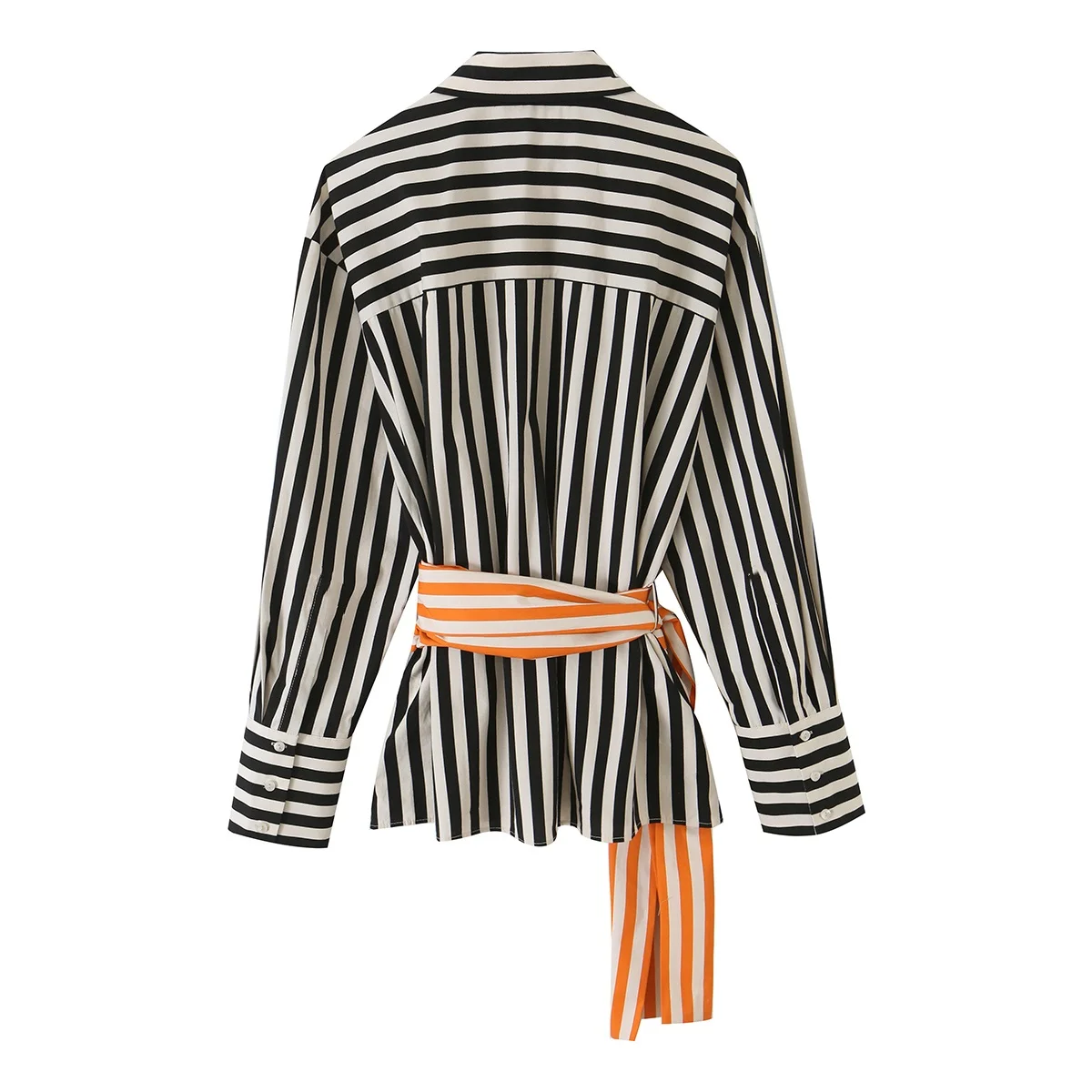 BSAY Korean Minimalist Women Vertical Striped Lapel Shirt Long Sleeve Contrast Sash Belt Waist Tie Decor Elegant Commuter Blouse