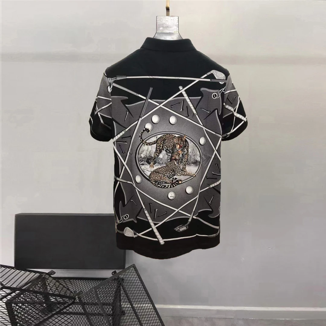 Europe and the United States men's 2024 winter new Short sleeve lapel geometric leopard print Fashion T-shirt