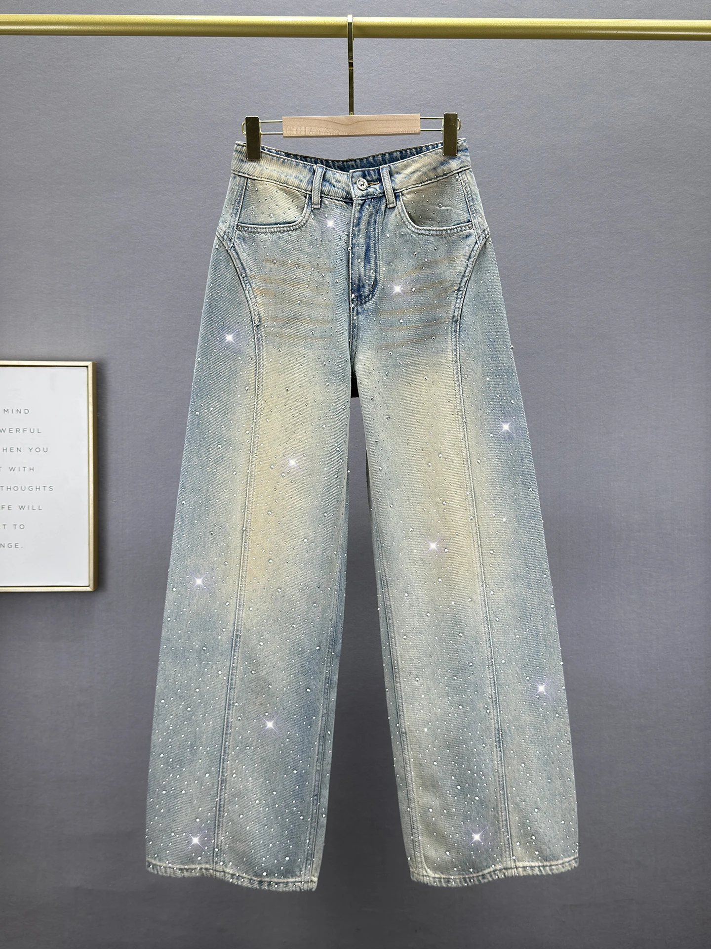 

Женские джинсы с высокой талией и широкими штанинами, весна 2026, новинка, с россыпью страз, рваные, длинные, в пол, европейский стиль