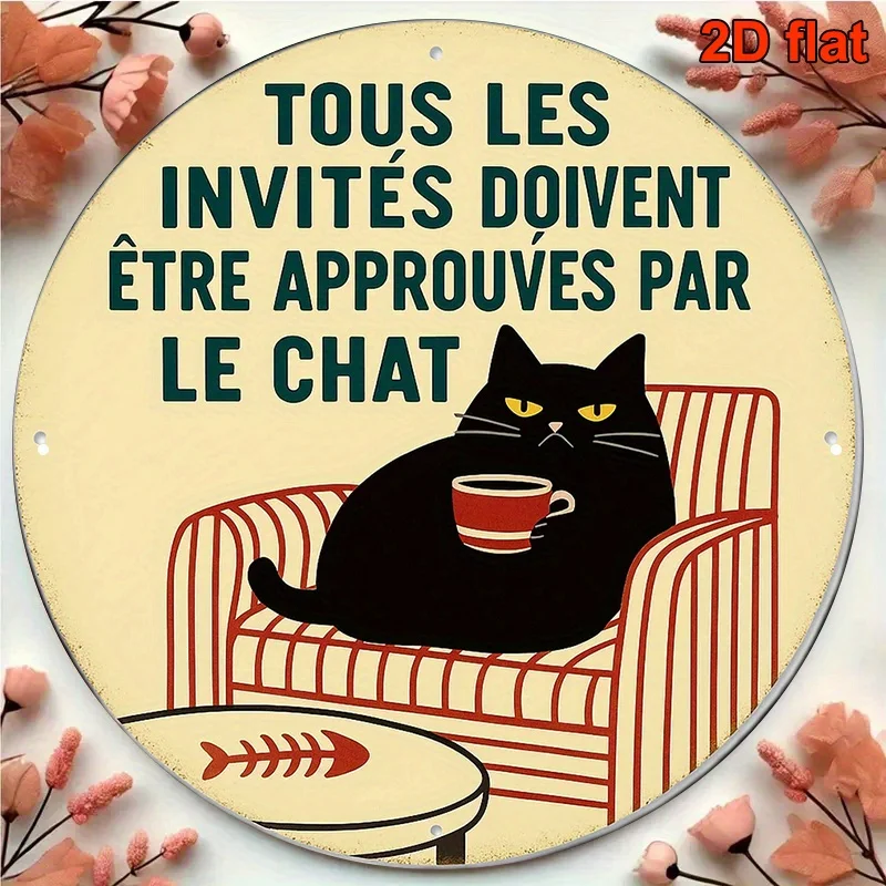 Voici le titre optimisé : **Plaque murale en métal vintage avec motif de chat français, en aluminium, ronde, 20,32 cm, pour la décoration de la maison, du bureau, du café ou de la porte**