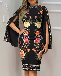 Vestido de manga dividida con estampado Floral, informal, con cuello redondo, bolso a la cadera, ropa de retales para mujer, Vestidos elegantes hasta la rodilla