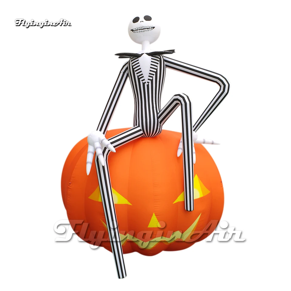 Elegant Inflatable Skeleton Gentleman Artistic Halloween Figure With Large Evil Pumpkin Balloon For Club Event