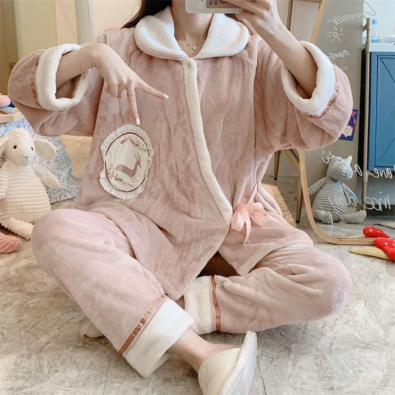 Winter Flannel Maternity Pajamas Breastfeeding Pregnant Women Nursing Nightwear Set Top Pants Pregnancy Sleepwear Nightgown