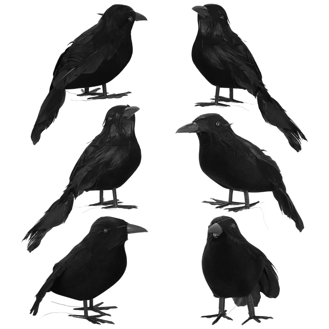 6Pcs/Set Halloween Crow Decors Fake Crow Decors Artificial Crows Black Feather Crows Lifelike Ravens Halloween Party Decoration