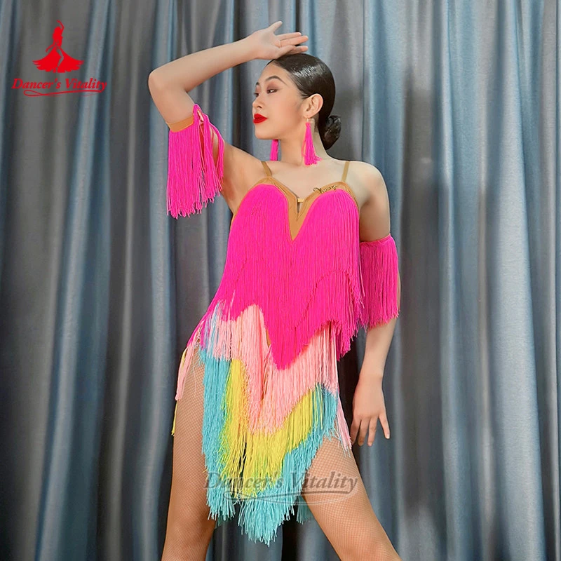 Adult Latin Dance Multiple-color Tassels Combination Dresses Customized Teenagers Samba Chacha Dancing Wear Dancer's Vitality