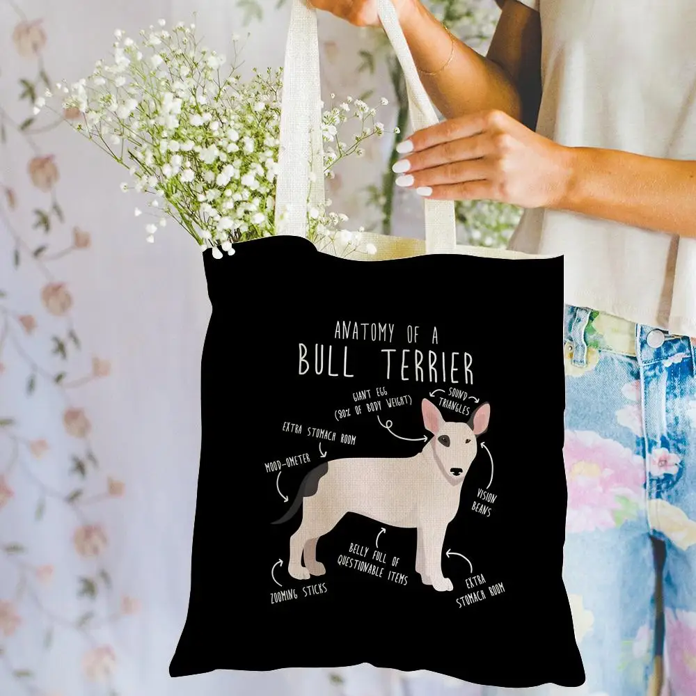 Bull Terrier Dog Storage Bags Double-Sided Printed Canvas Tote Bag Large Capacity Women Shoulder Handbag