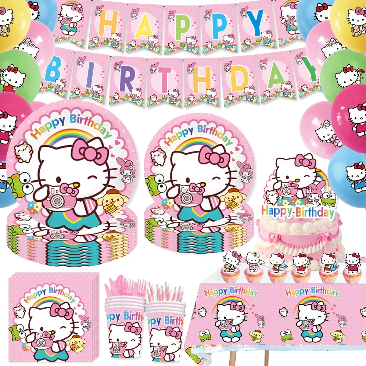 

Pink Hello Kitty Birthday Party Disposable Tableware Set Kitty Tablecloth Cup Plate Balloons Baby Shower Girls Party Supplies