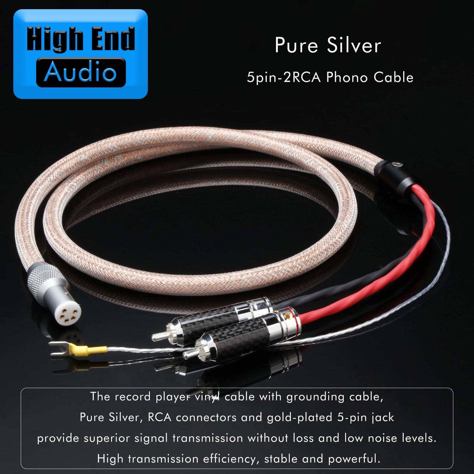 Preffair Pure Silver Audio Video 5Pins to 2RCA Turntable Cables HiFi Audio Amplifier Signal Line