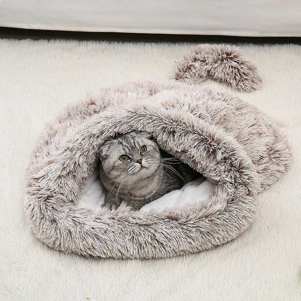 Cozy Pet Sleeping Bag for Cats & Small Dogs, Warm Fleece Nest Bed, Reversible Semi-Enclosed Winter Cushion