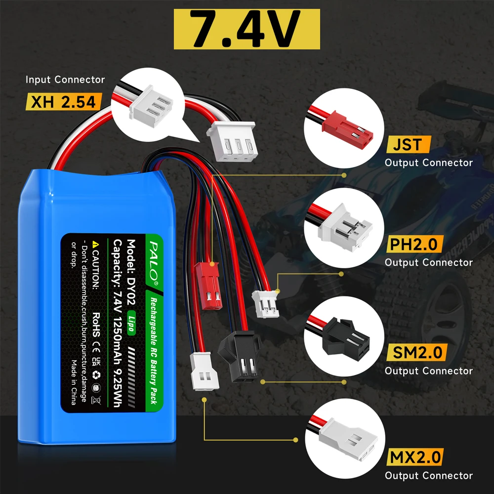 7.4V Rechargeable Lipo Battery Pack 1250mAh 7.4V Lithium Polymer Battery High Rate 25C Battery For RC Car + XH2.54-3P Charger