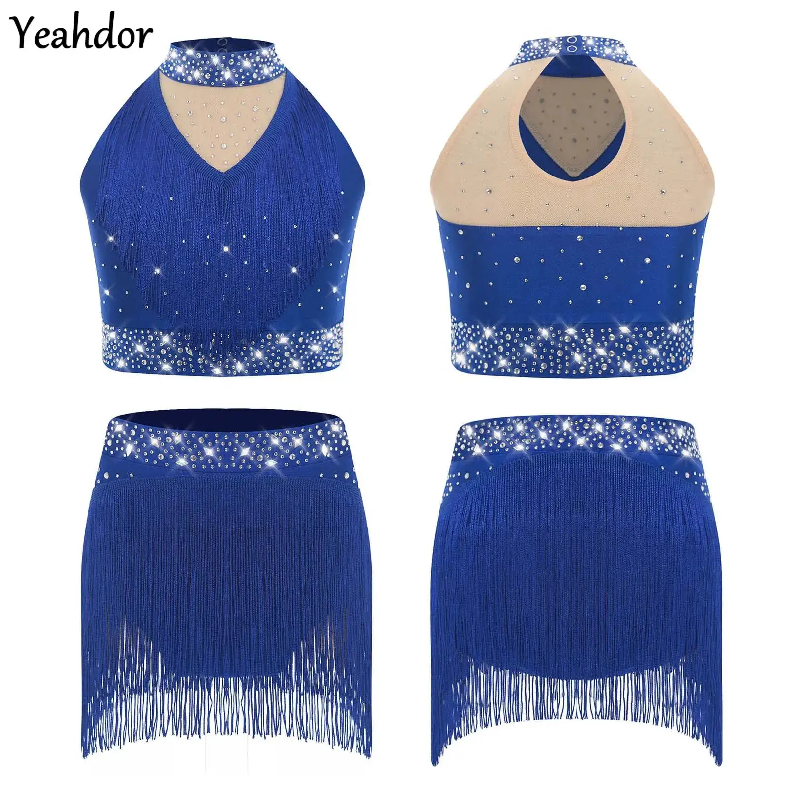 

Girls Latin Jazz Dance Outfit Shiny Sequins Tank Tops Dance Vest with Dance Bottoms Set Sequins Fringe Performance Dancewear