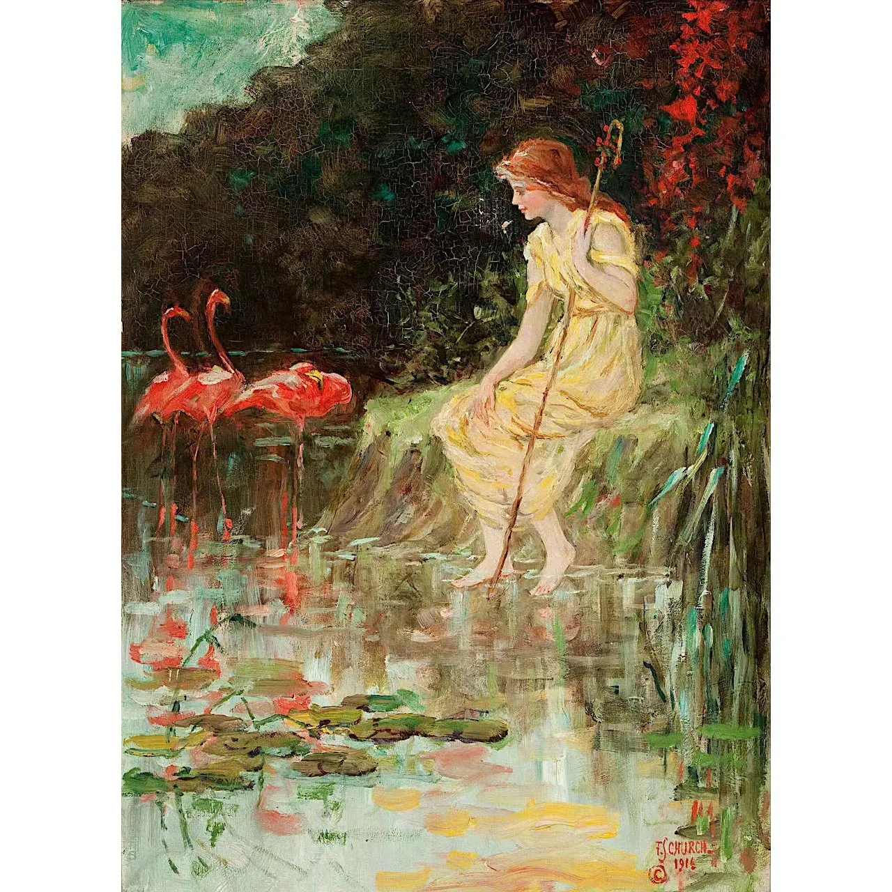 

Frederick Stuart Church paintings,Maiden with Flamingos,Hand painted famous oil painting reproduction,Aesthetic room decoration