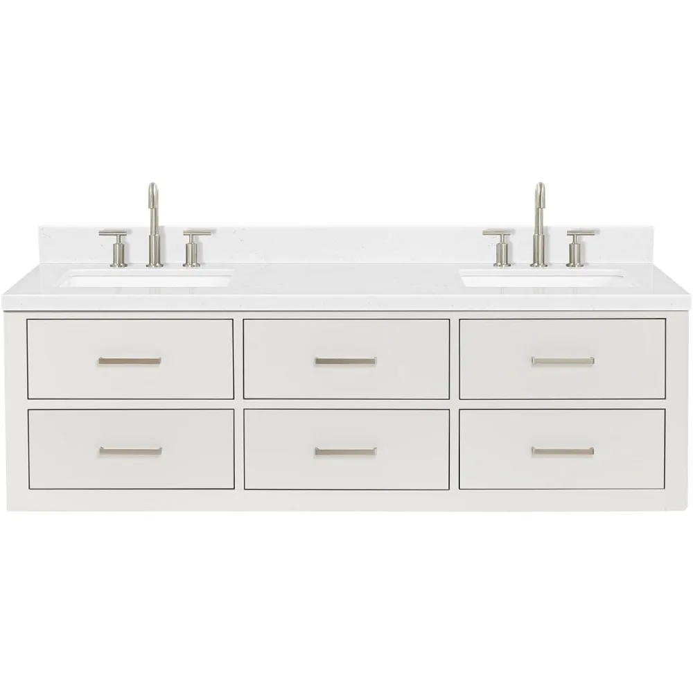 

60 inch bathroom vanity, double rectangular sink floating wall, Karala white quartz countertop with 1.5 white edges