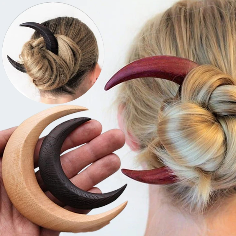 Creative Wooden Handmade Moon Hairpin Hair Fork Hair Clip Comb