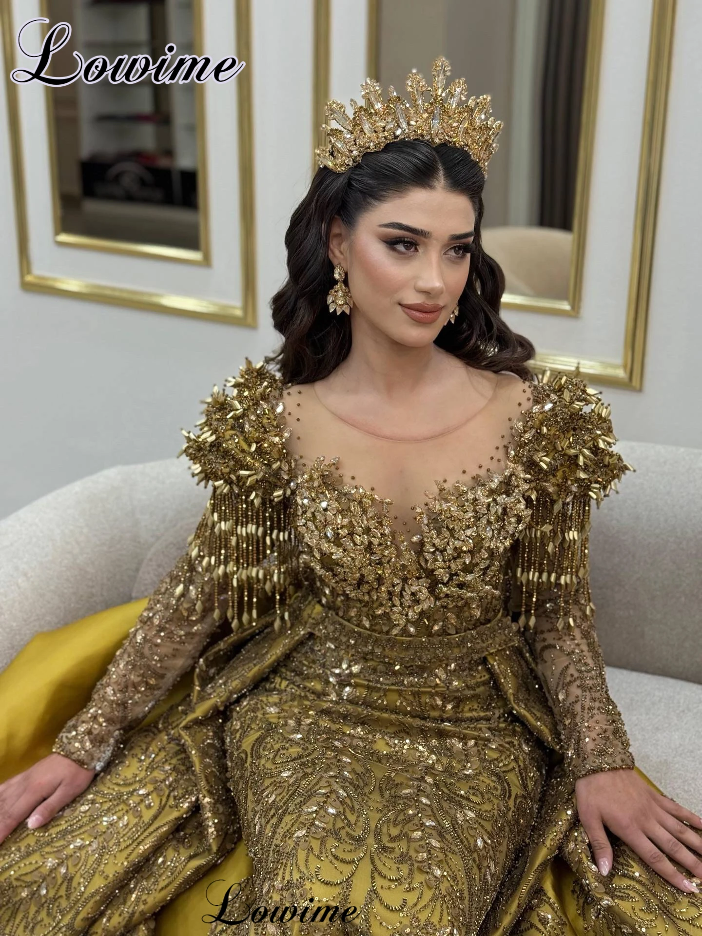 Newest Elegant Golden Evening Dresses Luxury Shiny Crystals Wedding Party Dresses Mermaid Engagement Robes De Soirée Customized
