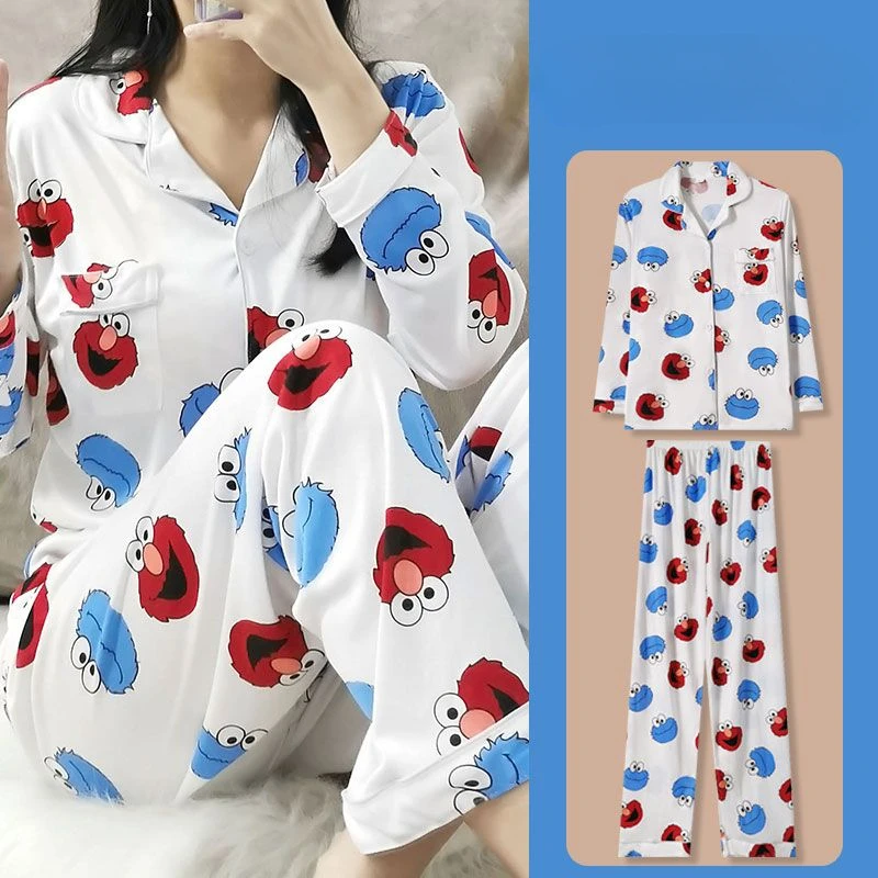 Sesame Street Elmo Cookie Monster Animation Peripheral Cute Cartoon Print Home Clothes Student Dormitory Long Sleeve Pajamas Set