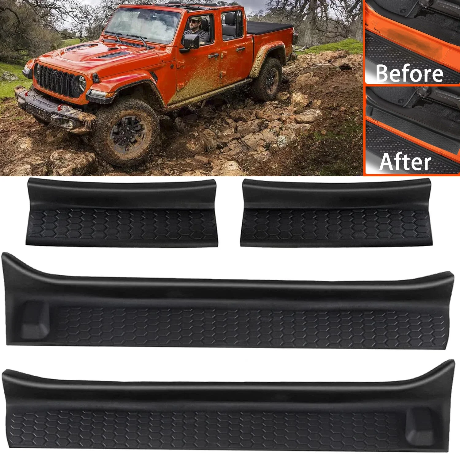 

4pcs Door Sill Guards Entry Scuff Plate Cover Black Rubber Mat Protector 4-Door Accessories Parts Door Sill Protector For Jeep